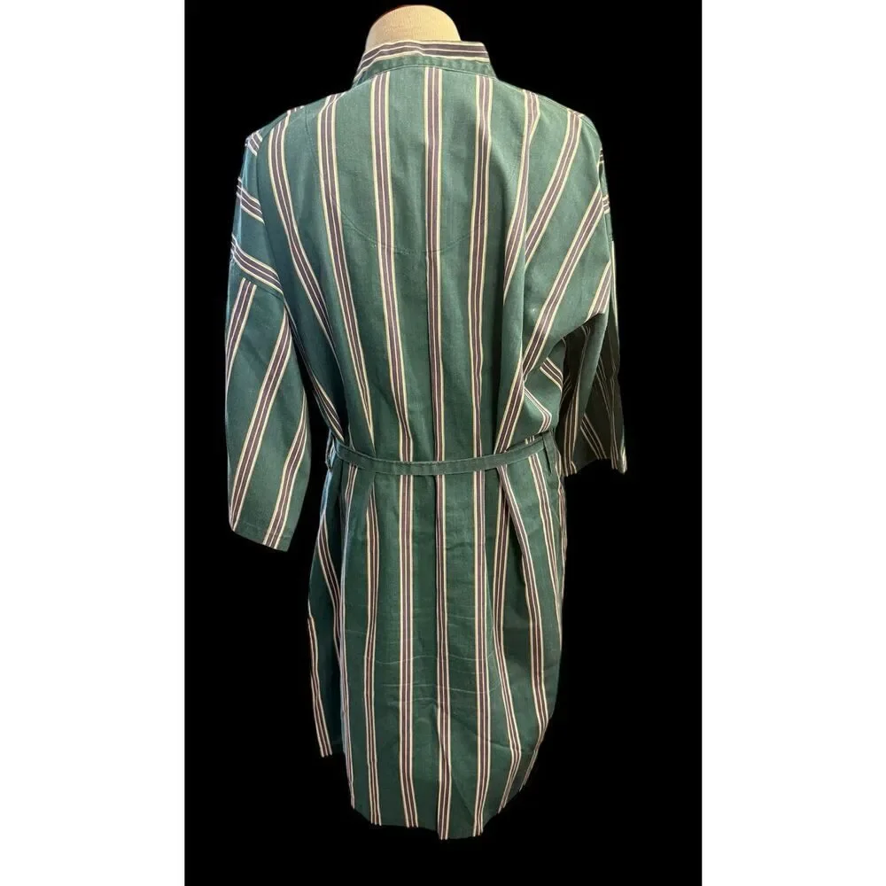 Puritan Men’s Robe Green Plum Stripe Belted Cotton Blend Kimono Loungewear